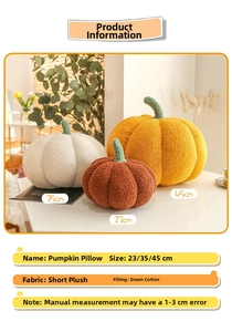 Detail showing plush pumpkin pillows in white, brown and orange with size labels