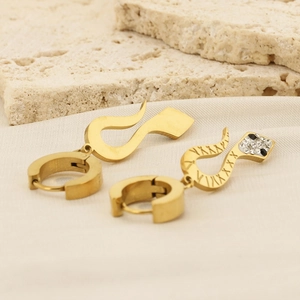 Snake shaped 18K gold plated titanium steel hoop earrings with black and white crystals