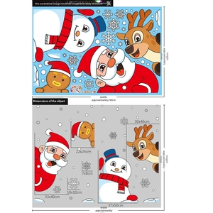 Detailed size chart for Christmas window decals featuring Santa, reindeer and snowman
