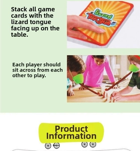 Competitive lizard tongue game set with face masks and cards for kids tabletop fun