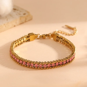 Adjustable 18k gold plated titanium steel bracelet with elegant pink round rhinestones