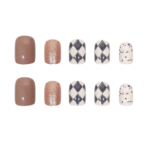 Mix of black and white checkerboard, glitter, and spotted press-on nails in square shape