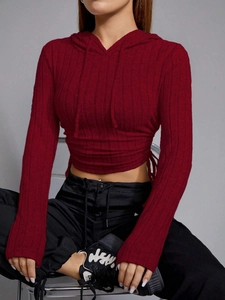 Slim fit burgundy cropped hoodie with ribbed knit texture and adjustable drawstring