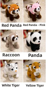 Detailed view of plush animal dolls collection featuring pandas, tigers and raccoons