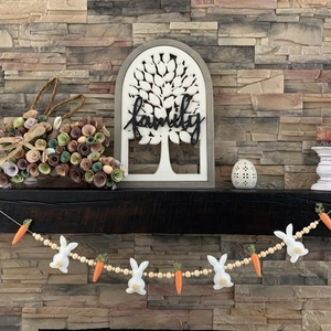 Easter bunny carrot wood bead garland with family tree sign on fireplace mantel