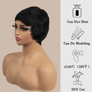 Short black pixie cut human hair wig with heat styling and dyeing capabilities