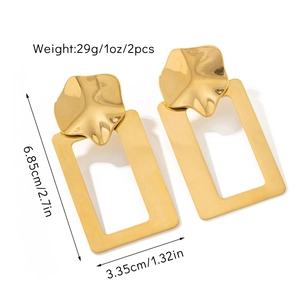 Fashionable gold geometric hollow rectangular drop earrings for women on white background