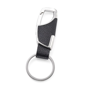 Premium men's business leather keychain with silver polished metal and black lychee texture