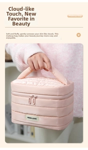 Dettaglio della borsa da trucco in nylon rosa trapuntato con doppia cerniera lampo