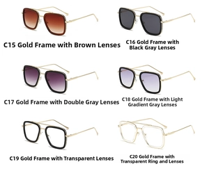 Six colors of square aviator sunglasses in metal frames with varied tinted lenses