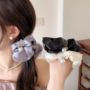 Elegant satin hair scrunchies with crystal beads and pearls in black, grey, and cream colors