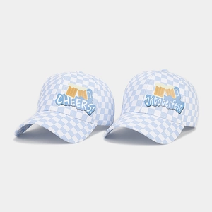 Blue and white checkered Oktoberfest baseball caps with Cheers and beer mug embroidery
