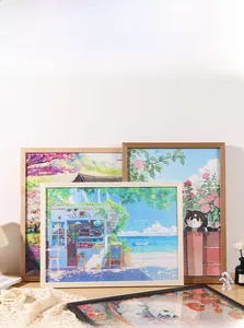 Detail showing various solid wood puzzle frames in natural and black wood finishes