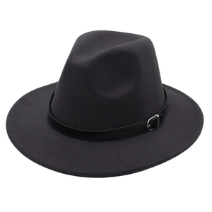 Classic black wool felt Fedora hat with vintage leather belt and silver metal buckle