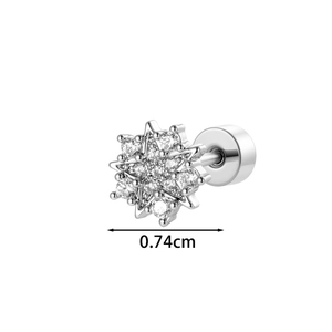 Minimalist silver snowflake stud earring with cubic zirconia and 0.74cm size scale