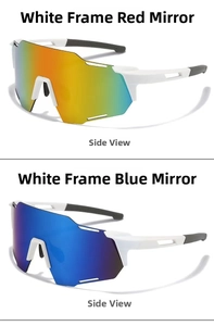 Detail showing white frame cycling glasses with red gold and blue mercury reflective lenses