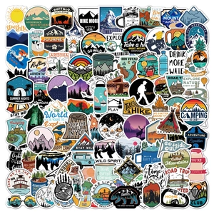 Detailed set of waterproof VSCO camping and hiking stickers for outdoor gear decoration