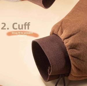 Detail view of the brown plush elastic wrist cuff for tanning glove with non-slip fit