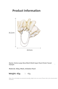 Detailed view of cream mesh bow hair clip with faux pearl fringe and 31.2cm size specs