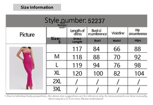 Größentabelle für trägerloses Maxikleid mit Spitze und detaillierten Körpermaßen