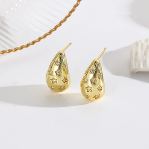 18k gold plated hollow teardrop stud earrings with star pattern and white rhinestones