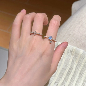 Elegant S925 silver beaded rings with pearl band, star charm and blue floral pendant