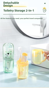 Portable travel toothbrush cup set with bear design lid on a bathroom counter