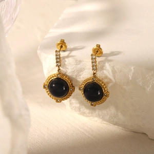 French vintage 18k gold plated stainless steel earrings with black stone and diamonds