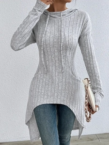 Sweat À Capuche Femme Tricot Côtelé Manches Longues Ourlet Asymétrique Cordon Haut Tunique Décontracté Pullover