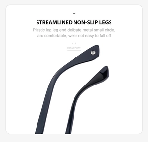 Detail of streamlined non-slip plastic temple tips with metal accents on sunglasses