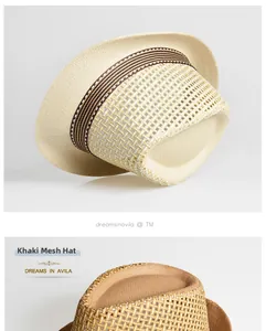 Détail du chapeau de paille kaki avec tissage ajouré et ruban rayé décoratif
