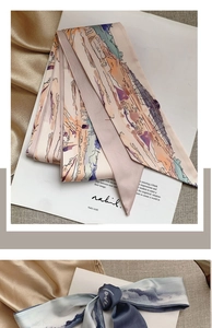 Detail of two vintage French oil painting silk twilly scarves with abstract prints and love text