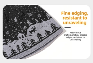 Detailed close-up of knitted winter hat featuring reindeer and snowflake jacquard patterns