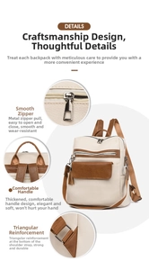 Detail view of the soft PU leather backpack showing reinforced handle and metal zipper