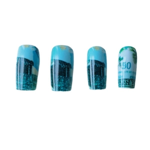 24pcs long press-on nails featuring blue tropical beach resort and coconut tree designs