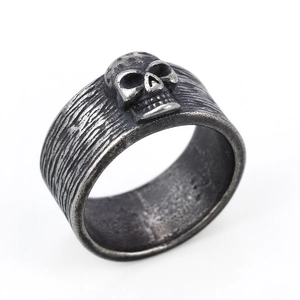 Gothic skull ring for men in oxidized stainless steel with vintage textured finish