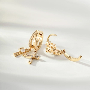 French vintage gold hoop earrings with sparkling cross pendants and zircon stones