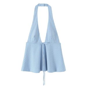 Blue and white striped halter top with V-neckline and drawstring bow detail