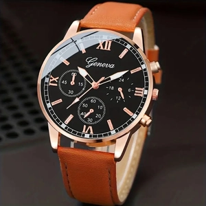 Detail of Geneva business watch showing rose gold case and brown leather strap