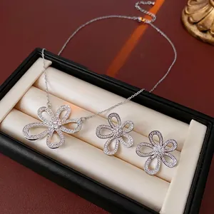 Hollow flower jewelry set with sparkling zircon earrings and minimalist silver necklace