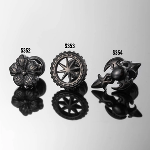 Three trendy stainless steel geometric studs in gear and flower shapes for men and women