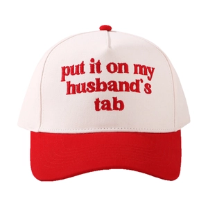 Retro red and cream cotton baseball cap with embroidered 'put it on my husband's tab' text