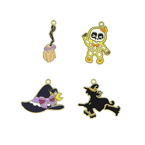 Halloween alloy enamel pendant set featuring witch hat skull and broom charms