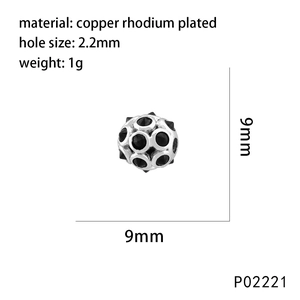 Detailed view of silver rhodium plated crown bead with black zircon and 2.2mm hole