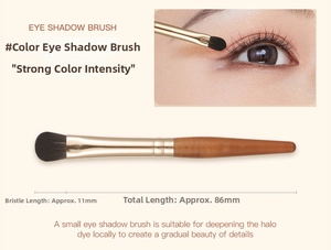Mini eye shadow brush detail showing 11mm bristles and 86mm wood handle for eye makeup