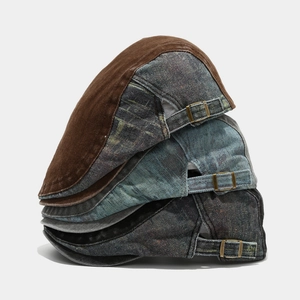 Vintage cotton ivy cap with patchwork denim design and adjustable metal buckle back