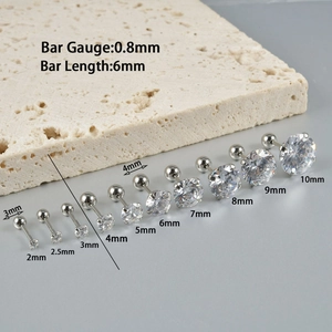 Polished stainless steel stud earrings set with round zircon in 2mm to 10mm sizes