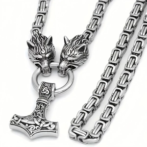 Detailed close-up of a silver Viking Thor's Hammer pendant with an intricate wolf head