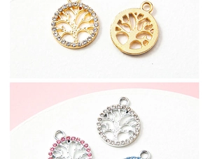 Macro shot of gold and silver tree of life pendants with sparkling colorful rhinestones