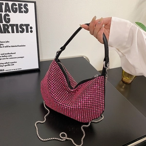 Sparkling fuchsia rhinestone hobo bag for women with silver chain and black strap